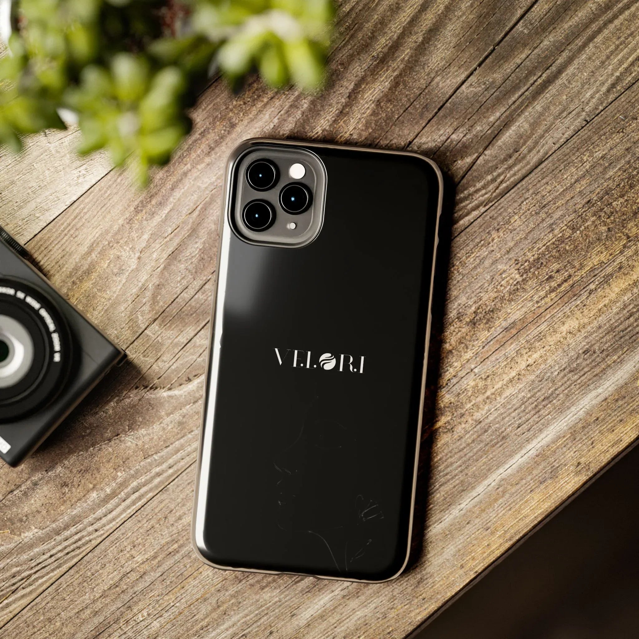 Glossy Black Tough Phone Case — Minimal ‘VELORI’ with Subtle Floral Silhouette - Velori