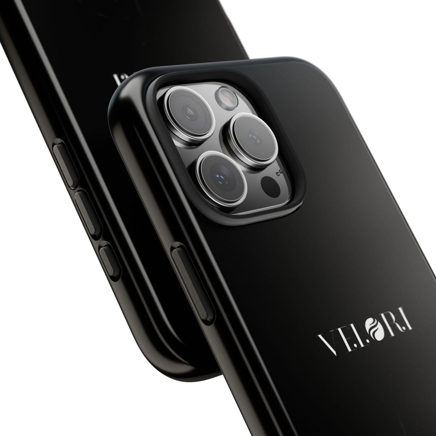 Glossy Black Tough Phone Case — Minimal ‘VELORI’ with Subtle Floral Silhouette