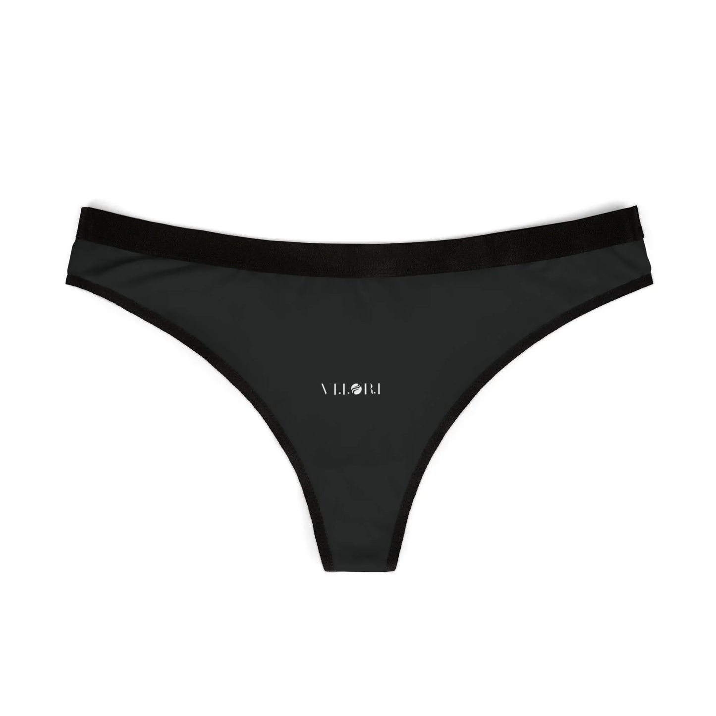 Black thong underwear with elastic waistband and Velori logo on front