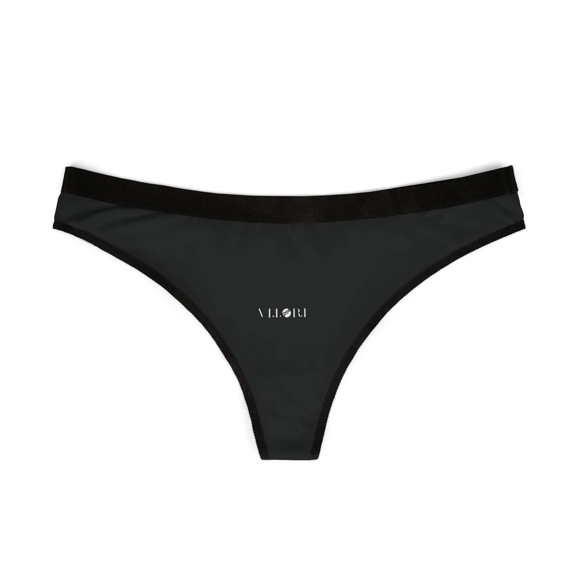 Black thong underwear with elastic waistband and Velori logo on front