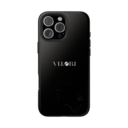 Glossy Black Tough Phone Case — Minimal ‘VELORI’ with Subtle Floral Silhouette
