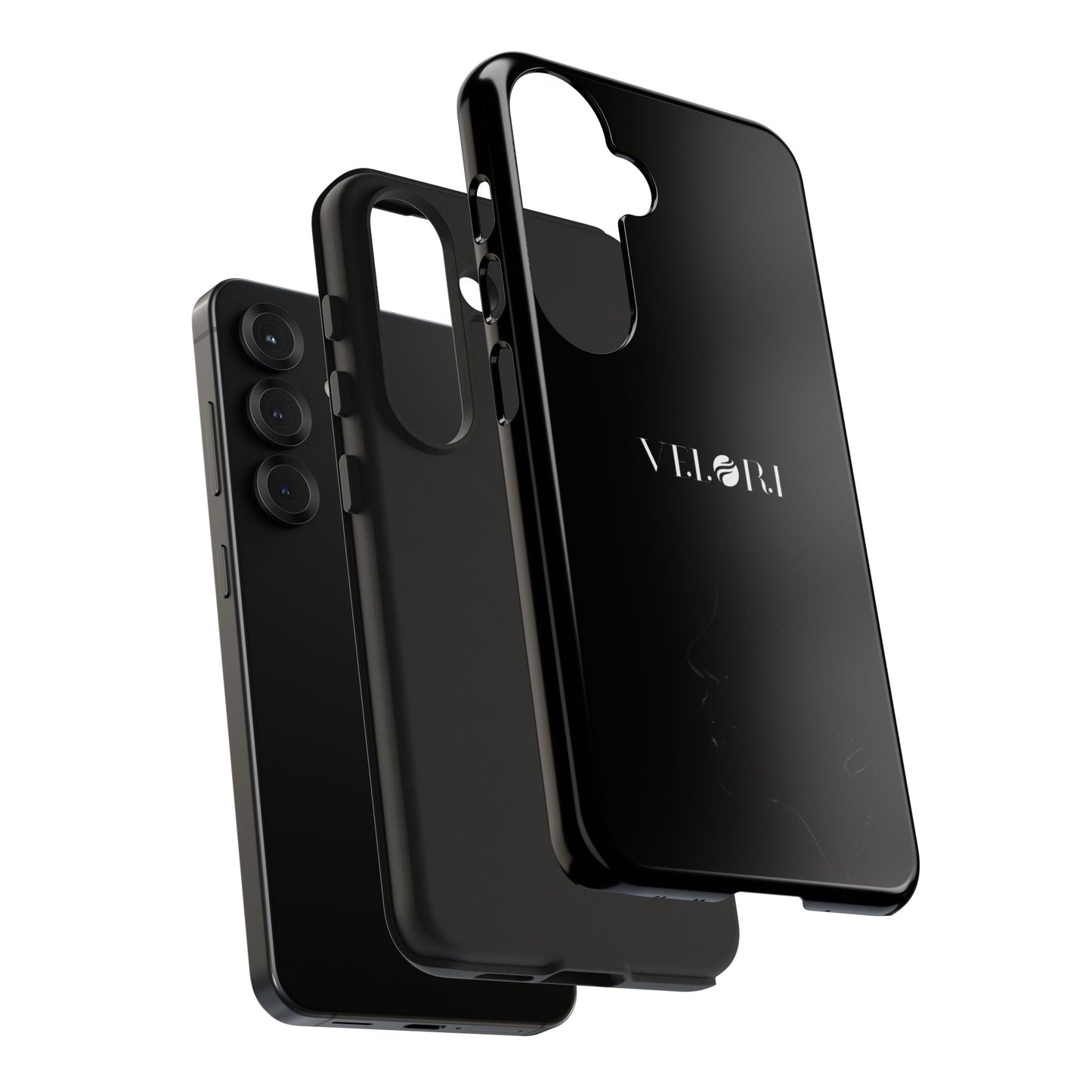 Glossy Black Tough Phone Case — Minimal ‘VELORI’ with Subtle Floral Silhouette