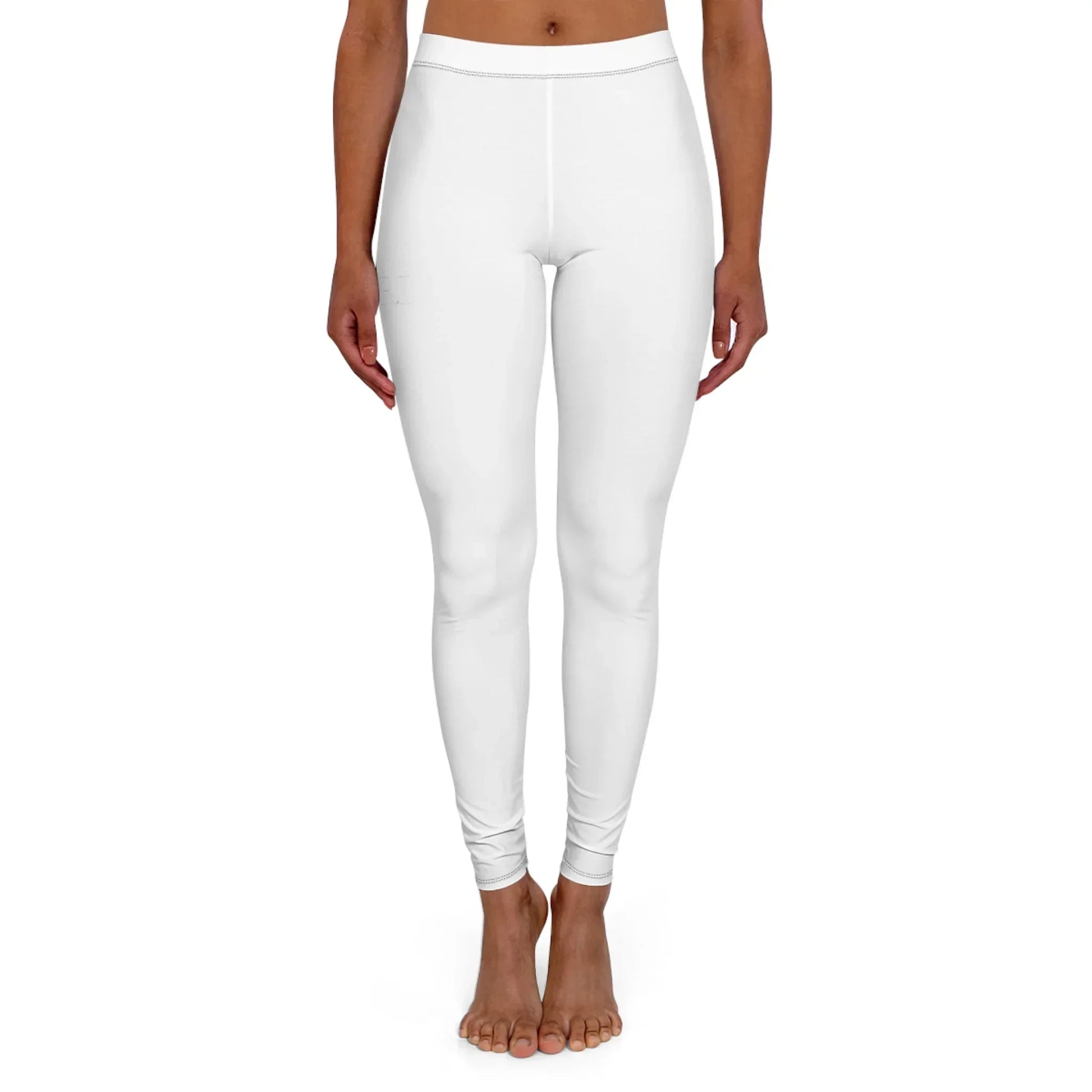 Front view of woman wearing plain white leggings on a white background