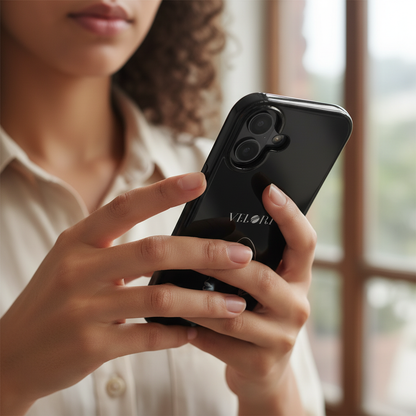 Glossy Black Tough Phone Case — Minimal ‘VELORI’ with Subtle Floral Silhouette