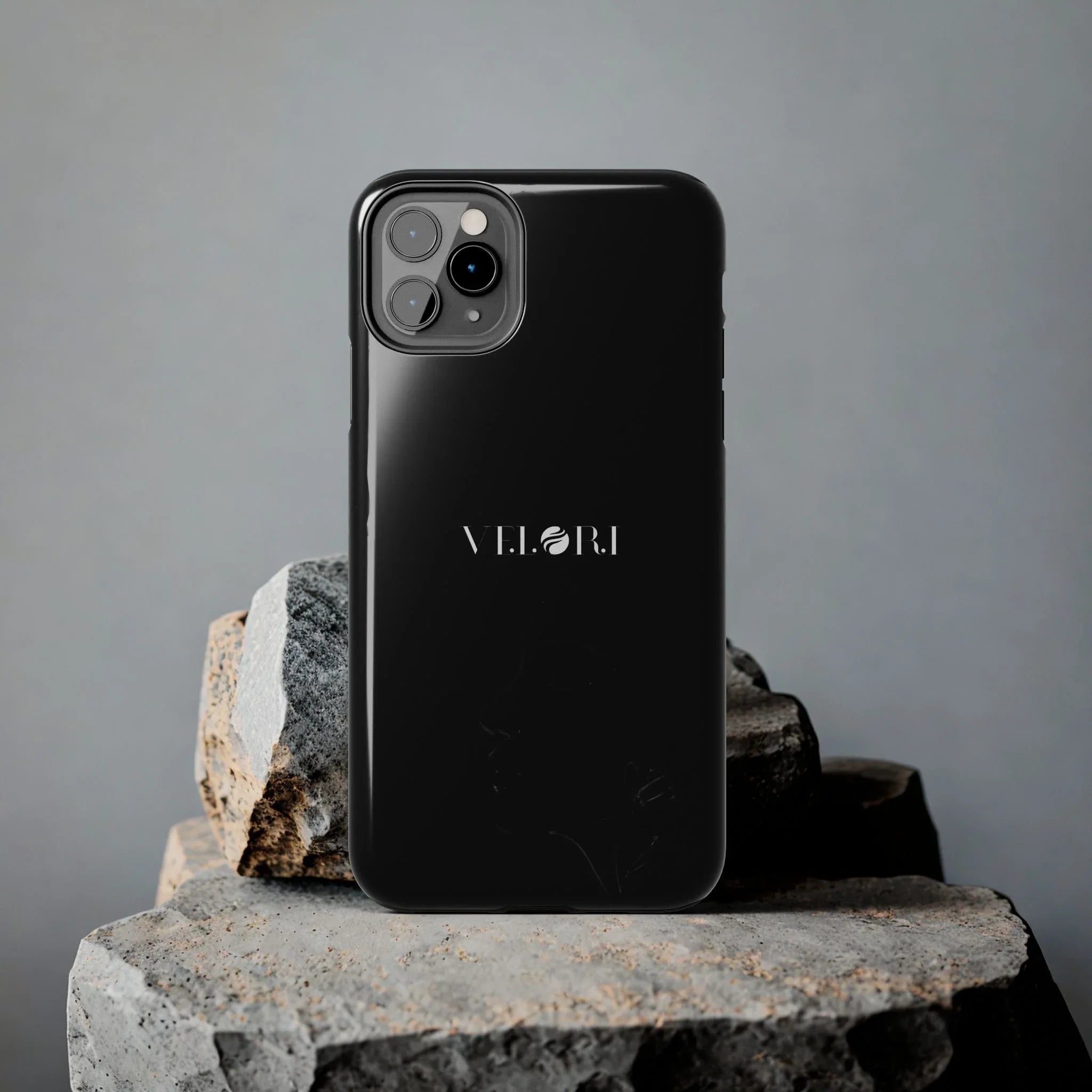 Glossy Black Tough Phone Case — Minimal ‘VELORI’ with Subtle Floral Silhouette - Velori