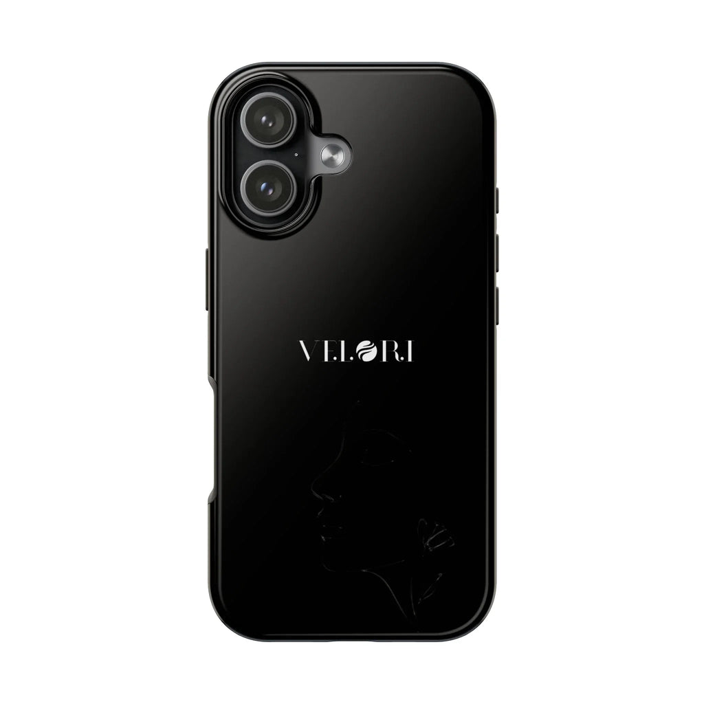 Glossy Black Tough Phone Case — Minimal ‘VELORI’ with Subtle Floral Silhouette - Velori
