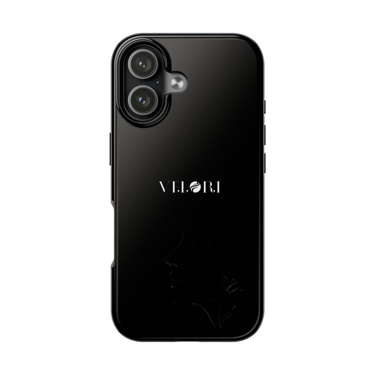 Glossy Black Tough Phone Case — Minimal ‘VELORI’ with Subtle Floral Silhouette