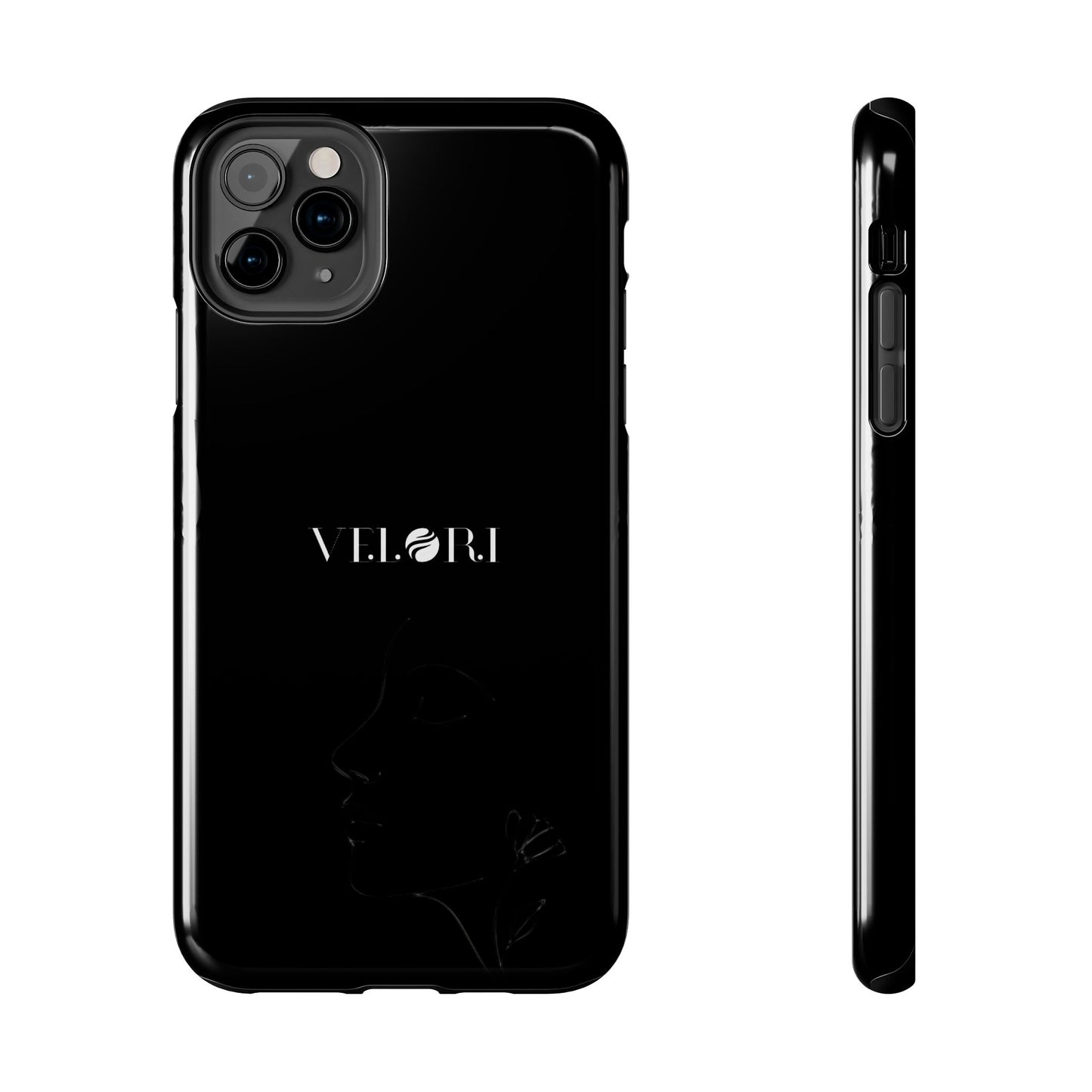 Glossy Black Tough Phone Case — Minimal ‘VELORI’ with Subtle Floral Silhouette