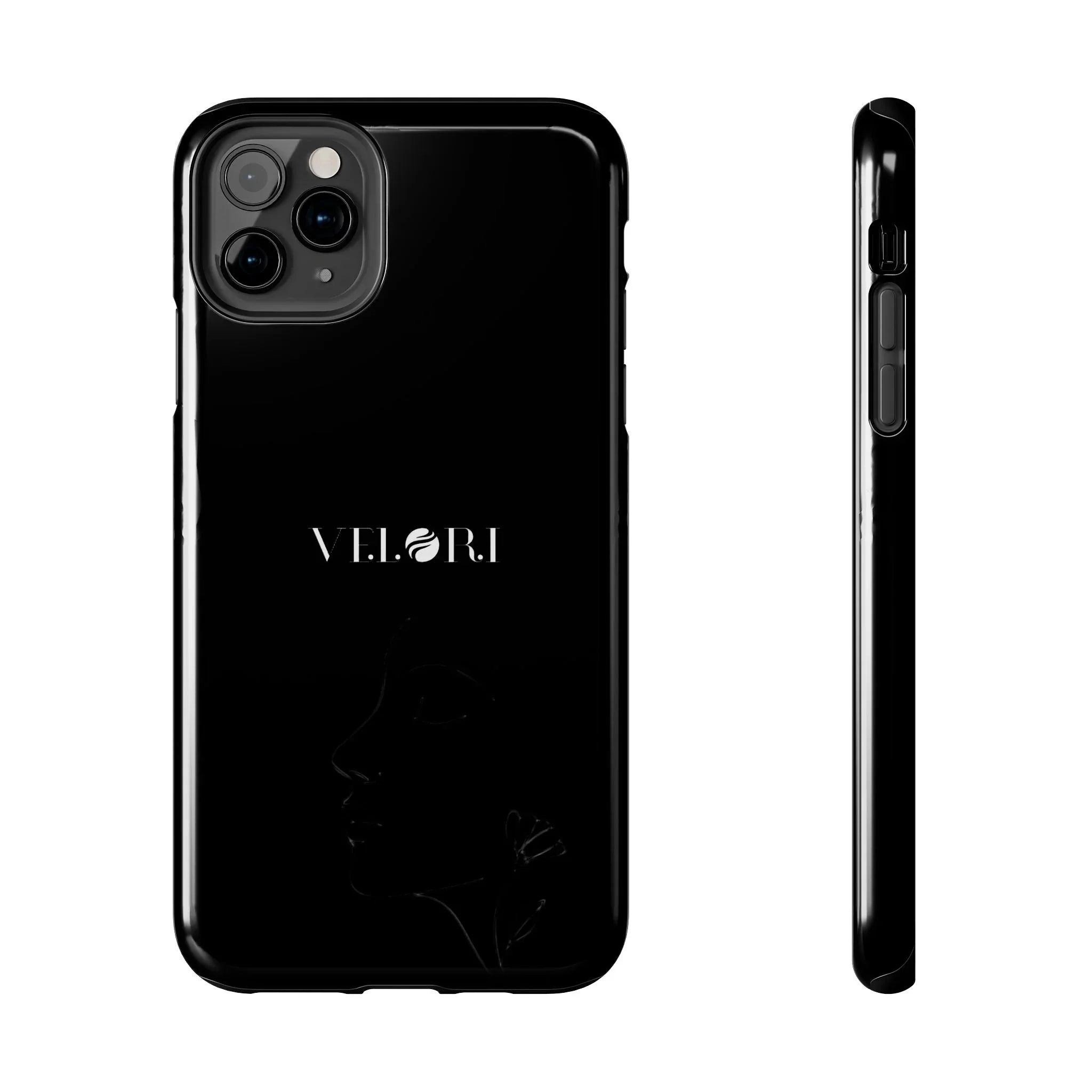 Glossy Black Tough Phone Case — Minimal ‘VELORI’ with Subtle Floral Silhouette - Velori