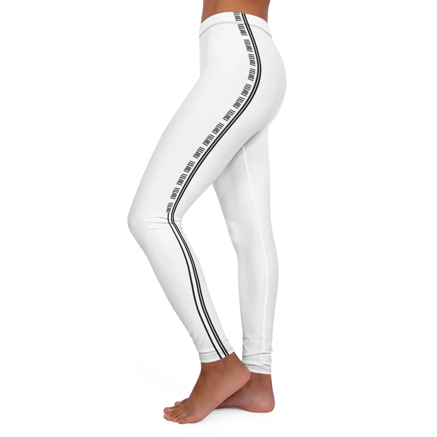 Side view of a person wearing white leggings with black double stripes and repeated black text detail