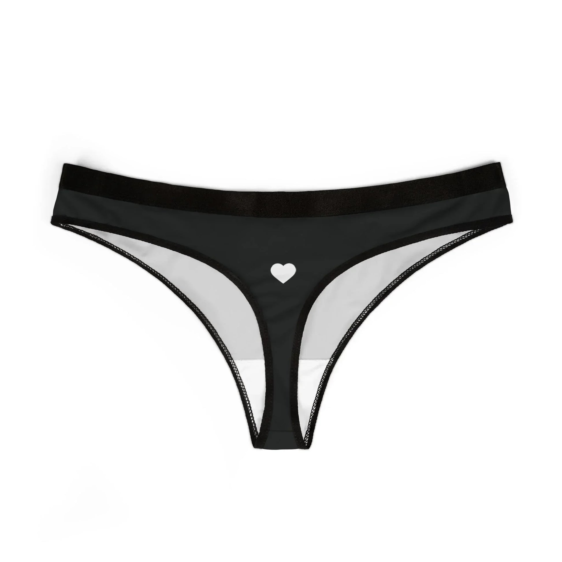 Black women's thong underwear with white heart detail on crotch, seamless lingerie