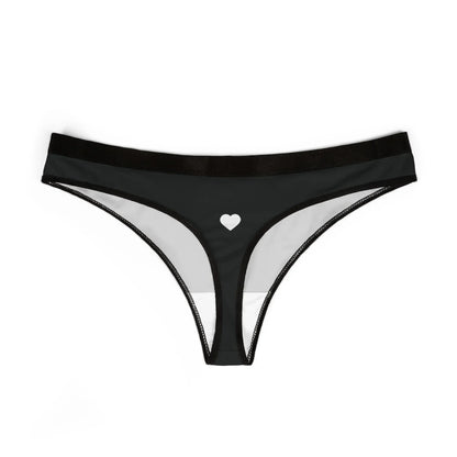 Black women's thong underwear with white heart detail on crotch, seamless lingerie