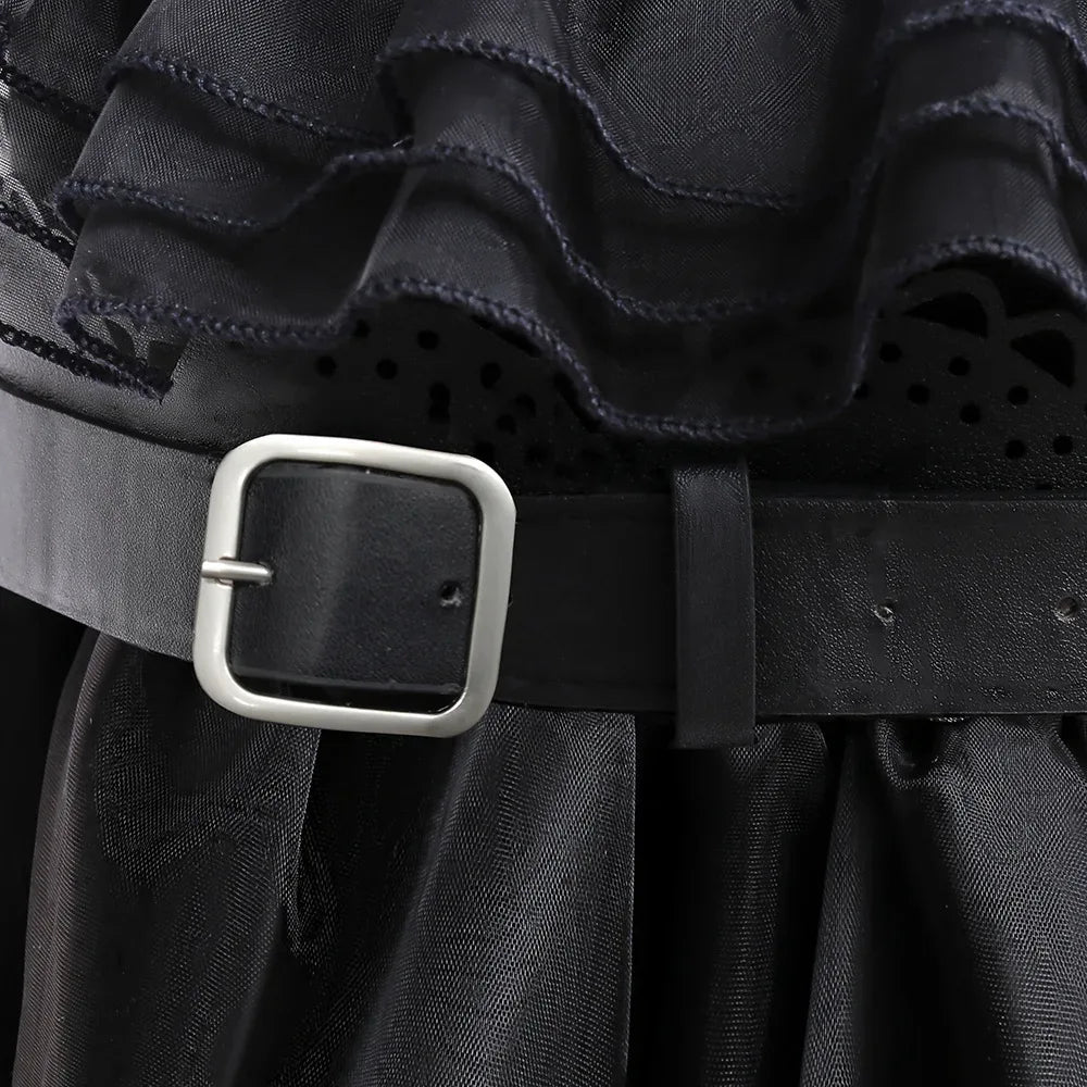 Girls Wednesday-Inspired Black Dress – Kids Halloween Costume, Cosplay, Party & Dance Outfit - Velori