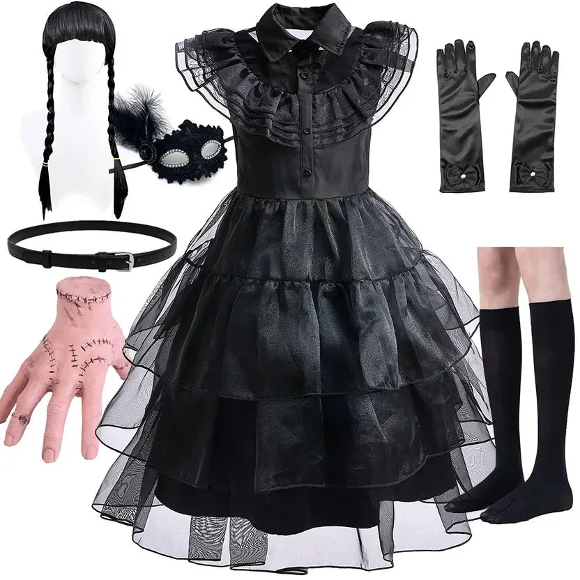 Girls Wednesday-Inspired Black Dress – Kids Halloween Costume, Cosplay, Party & Dance Outfit - Velori