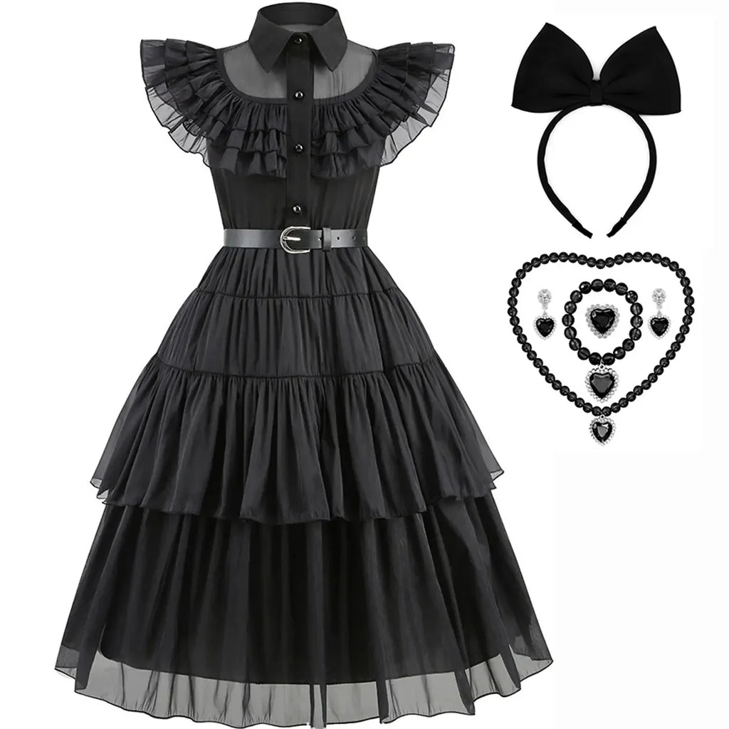 Girls Wednesday-Inspired Black Dress – Kids Halloween Costume, Cosplay, Party & Dance Outfit - Velori