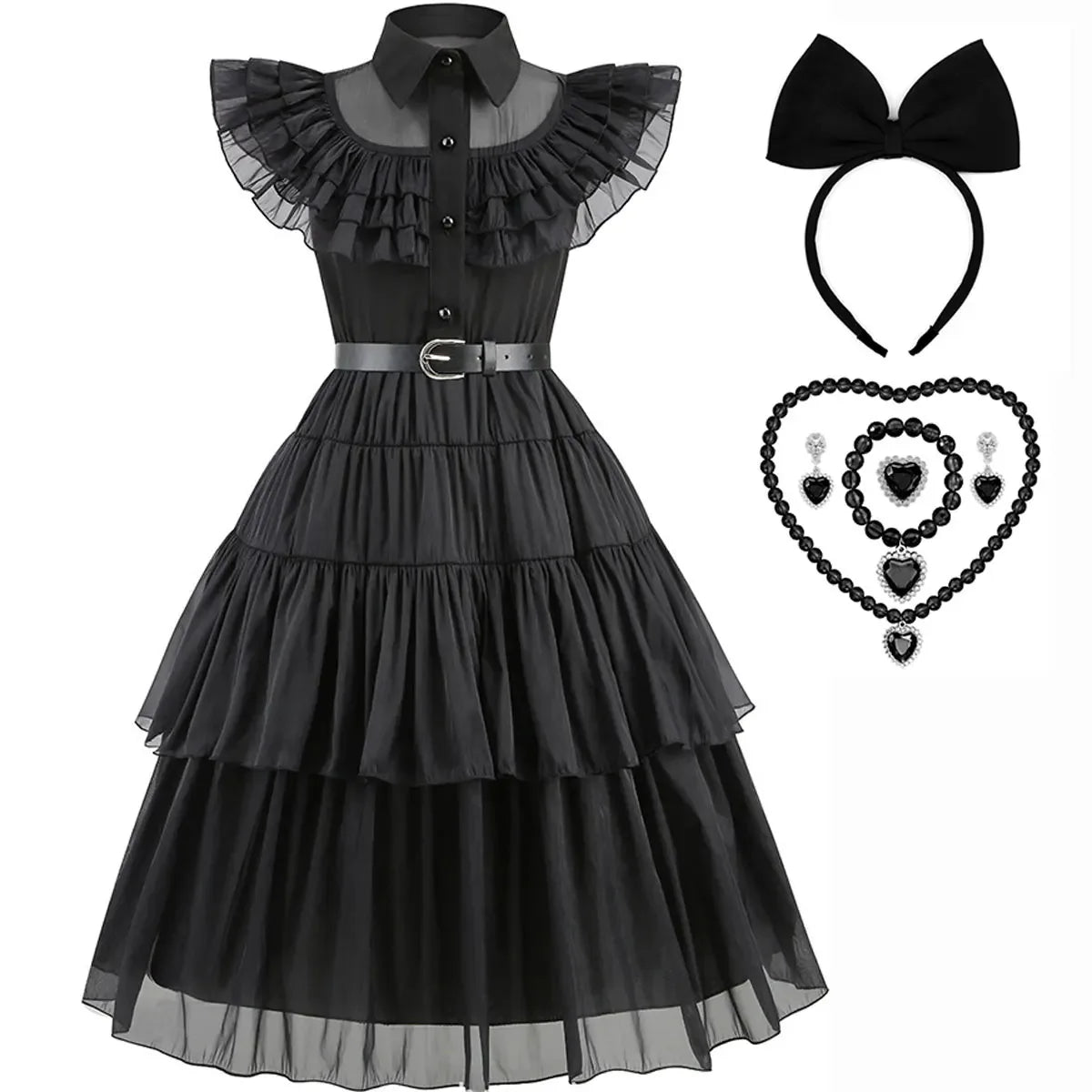 Girls Wednesday-Inspired Black Dress – Kids Halloween Costume, Cosplay, Party & Dance Outfit - Velori