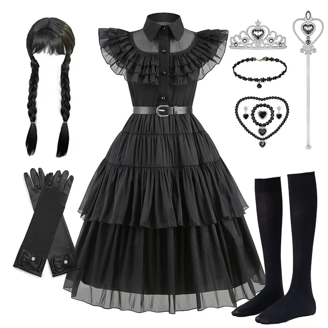 Girls Wednesday-Inspired Black Dress – Kids Halloween Costume, Cosplay, Party & Dance Outfit - Velori