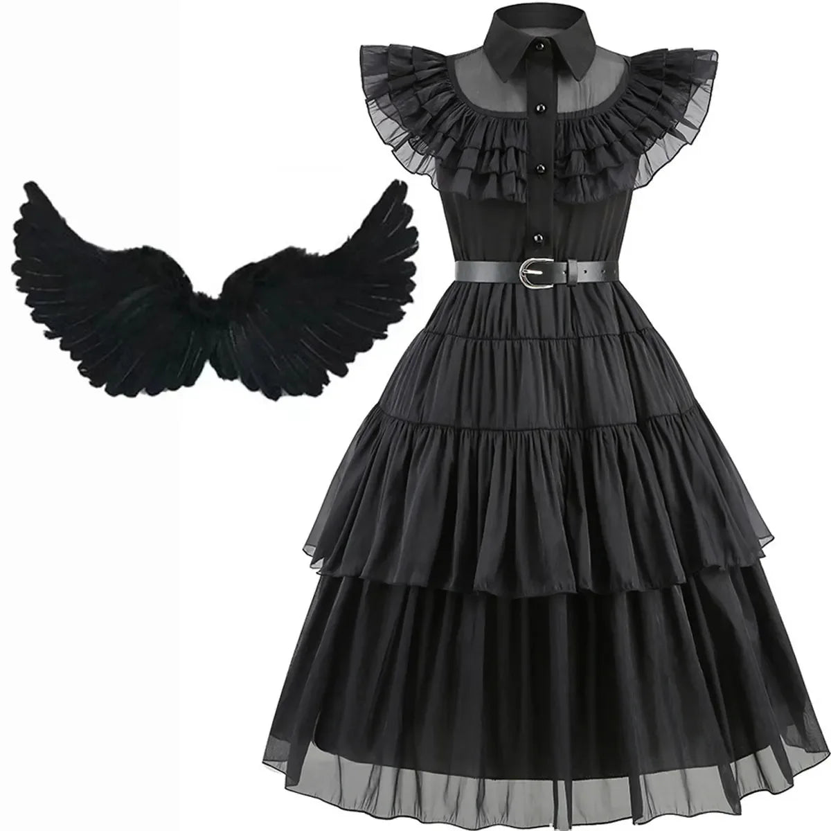 Girls Wednesday-Inspired Black Dress – Kids Halloween Costume, Cosplay, Party & Dance Outfit - Velori