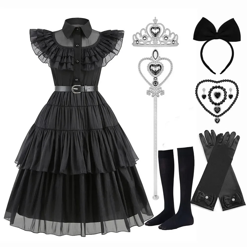 Girls Wednesday-Inspired Black Dress – Kids Halloween Costume, Cosplay, Party & Dance Outfit - Velori