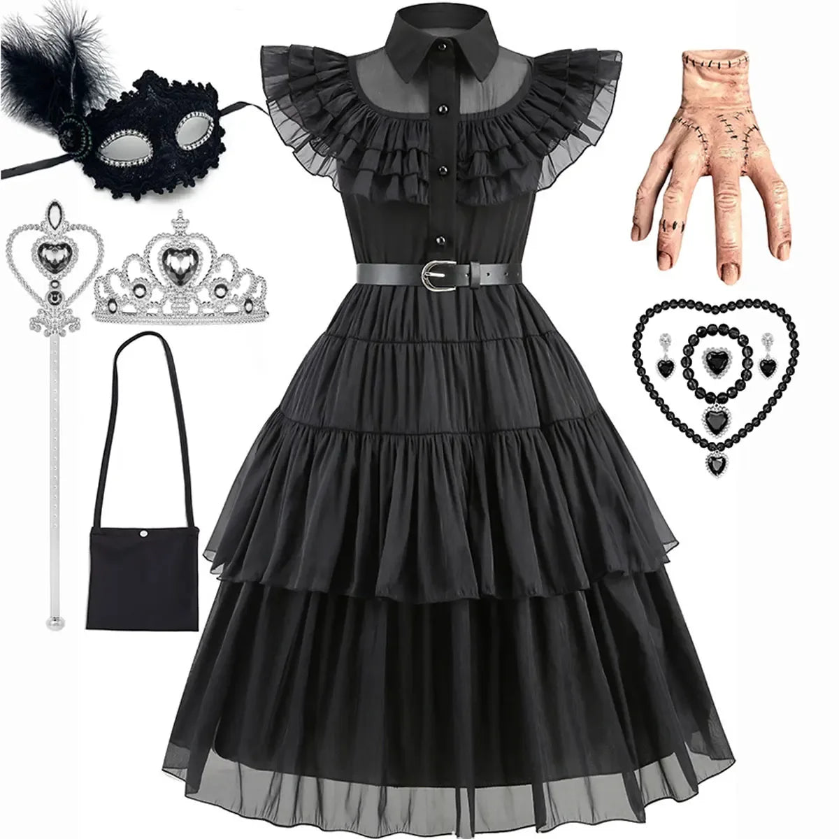Girls Wednesday-Inspired Black Dress – Kids Halloween Costume, Cosplay, Party & Dance Outfit - Velori