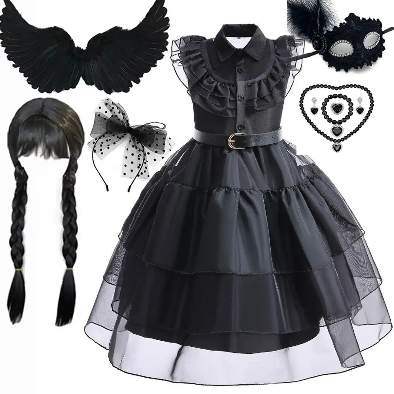Girls Wednesday-Inspired Black Dress – Kids Halloween Costume, Cosplay, Party & Dance Outfit - Velori