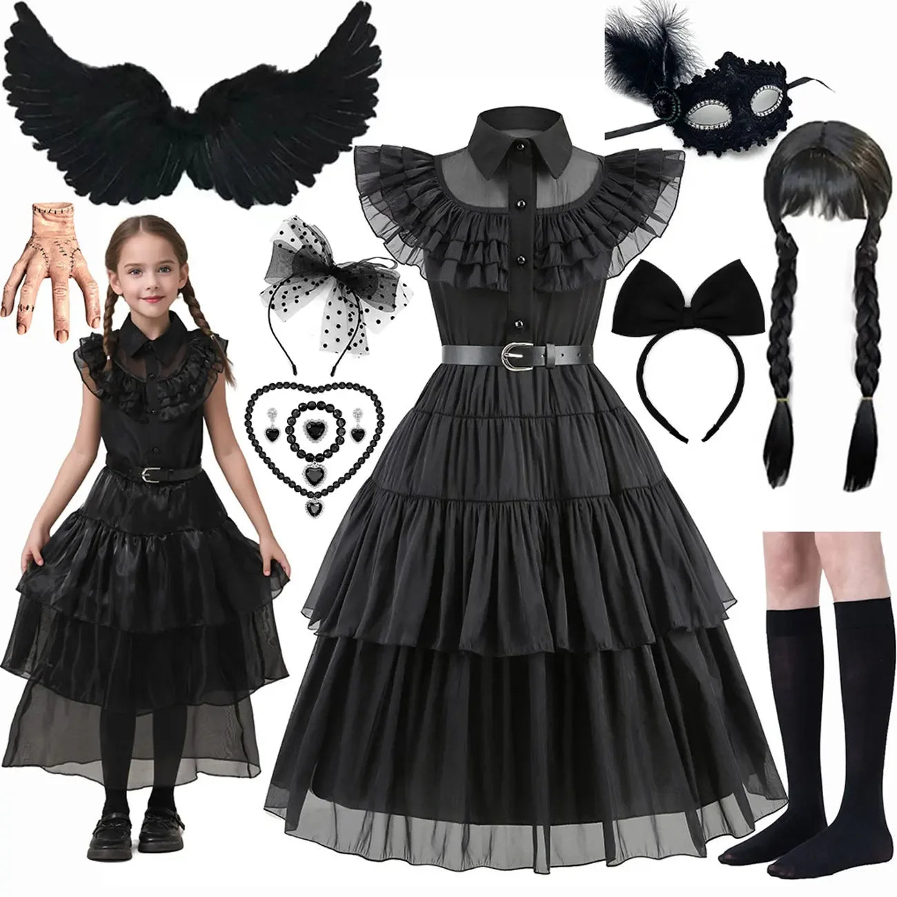 Girls Wednesday-Inspired Black Dress – Kids Halloween Costume, Cosplay, Party & Dance Outfit - Velori