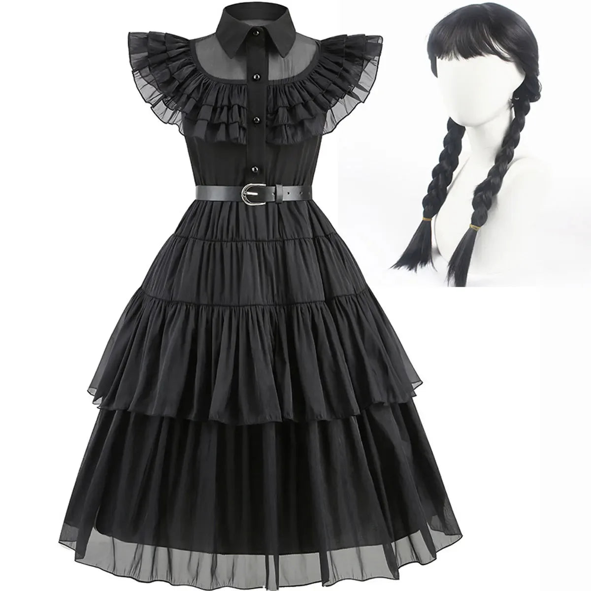 Girls Wednesday-Inspired Black Dress – Kids Halloween Costume, Cosplay, Party & Dance Outfit - Velori