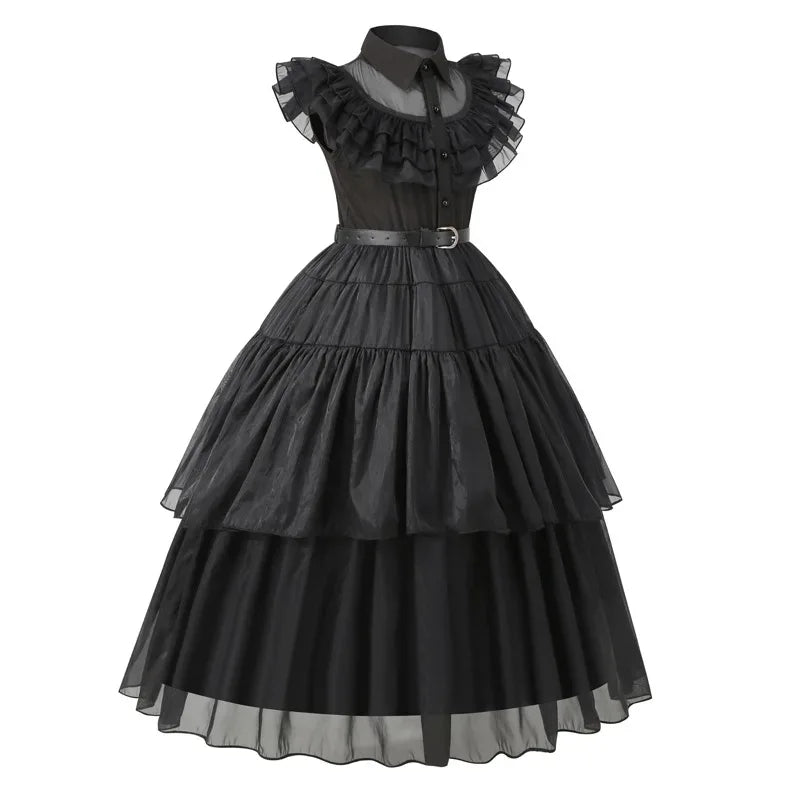 Girls Wednesday-Inspired Black Dress – Kids Halloween Costume, Cosplay, Party & Dance Outfit - Velori