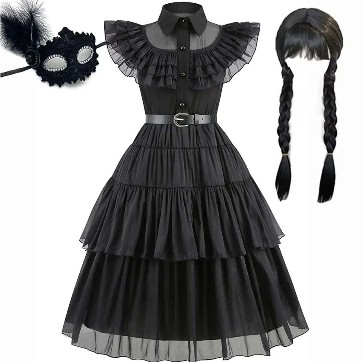 Girls Wednesday-Inspired Black Dress – Kids Halloween Costume, Cosplay, Party & Dance Outfit - Velori