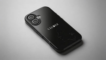 Glossy Black Tough Phone Case — Minimal ‘VELORI’ with Subtle Floral Silhouette